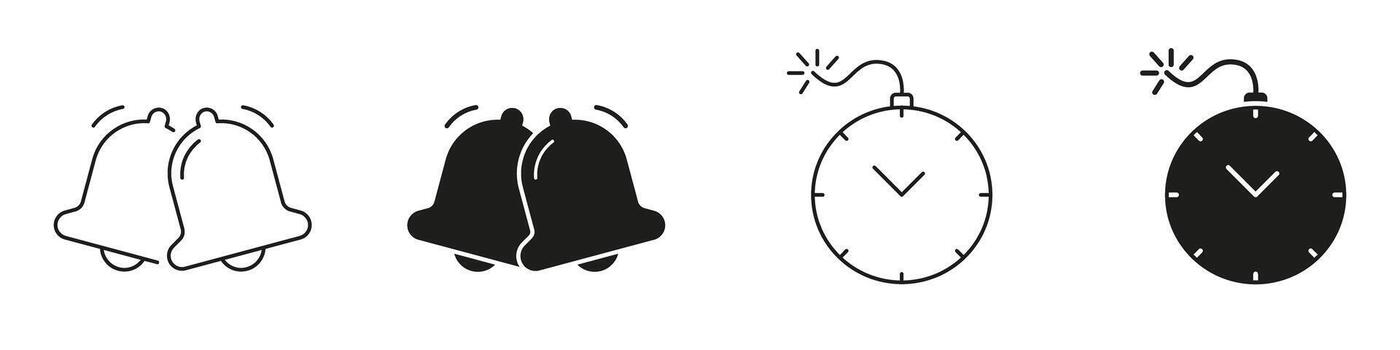 Ringing Bells And Time Bomb Icon Set. Alarm Notification And Urgency Alert Outline And Silhouette Symbol Collection. Time Management And Countdown Concept. Isolated Illustration vector