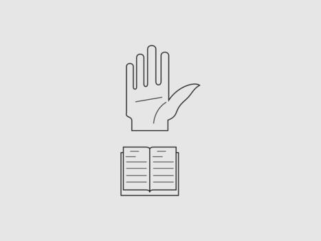 A simple line art graphic showing an open hand raised above an open book with lines representing text vector