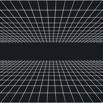 Abstract 3D grid tunnel with perspective lines on black background vector