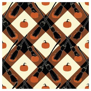 Seamless halloween pattern with mystical pumpkins and brooms. A festive design and spooky background clip art with mysterious colours vector