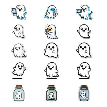 un colección de linda dibujos animados fantasma personaje íconos en varios posa, incluso utilizando un teléfono y atrapado en un tarro vector