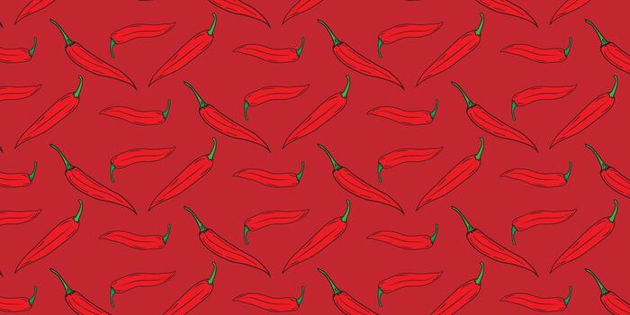Seamless pattern of vibrant red chili peppers on a solid red background, perfect for culinary and decorative themes vector