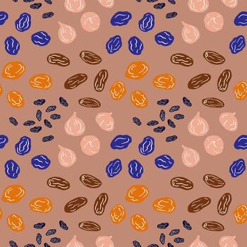 Dried fruits Seamless pattern. Food and desert. Repeating background with figs, prunes, dried apricots, dry fruits, dates for packaging, textile, print, template. Decorative ornament hand drawn. vector