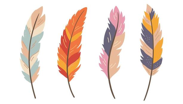 Set of colorful feathers isolated on white background. illustration in flat style. vector