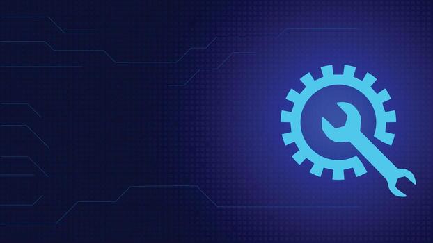 resumen azul tecnología antecedentes presentando un brillante engranaje con llave inglesa icono, ideal para digital reparar, sistema mantenimiento, eso servicios y futurista tecnología diseño conceptos vector