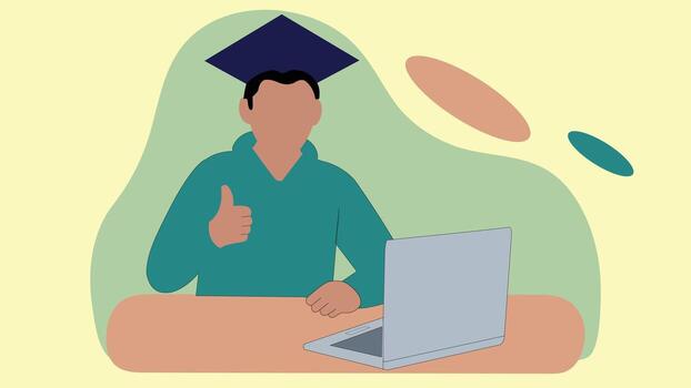 plano diseño de un graduado estudiante vistiendo gorra utilizando ordenador portátil y demostración pulgares arriba, simbolizando educación, en línea estudiar, mi aprendiendo, y académico éxito para digital utilizar vector