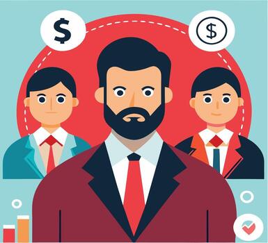 Successful team with a bearded man leading, under dollar signs and minimal data charts vector