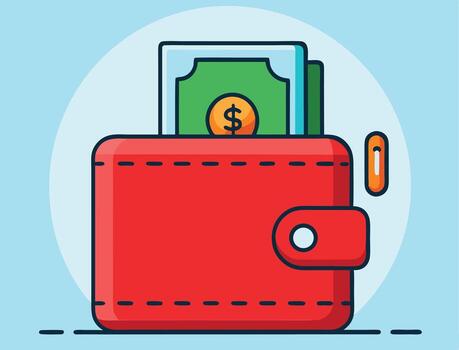 Stylized displays red wallet containing dollar bills and a coin with transparency vector