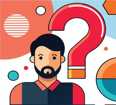 Pensive man ponders with a question mark amidst abstract shapes on a white background vector