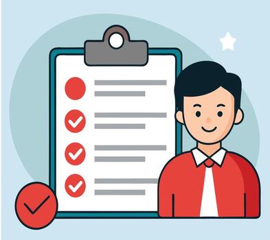 Smiling professional person stands by task checklist for completion and improved productivity efficiently vector