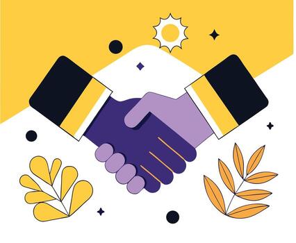 Two differently colored hands are shown clasping in the center of a bright art piece vector