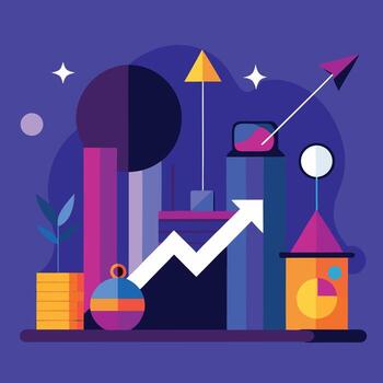 White arrow goes up between stacked bars with plant, chart, and shapes vector