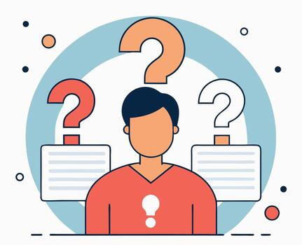 muestra persona rodeado por pregunta marcas, preguntándose acerca de el respuestas, en transparente antecedentes vector