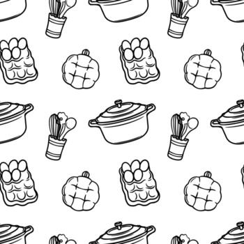 Seamless pattern with a saucepan, potholder, whisk, and ladle. Cooking utensils. Black and white graphics. vector