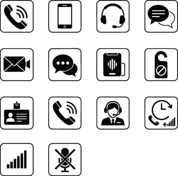 Black and white communication icons showing support, calling, and messaging features. vector
