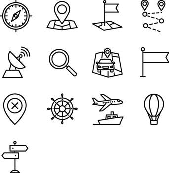 Navigational and Directional Outline Icons Representing Transportation and Location Elements vector
