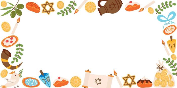 un rectangular marco con dreidels, donas, un aceituna rama, y velas vector