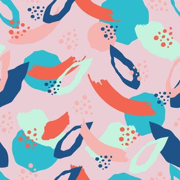 Abstract Brush Stroke and Dot Seamless Pattern Artistic Background Design, An artistic seamless pattern featuring abstract brush strokes and scattered dots in various colors on a light background. vector