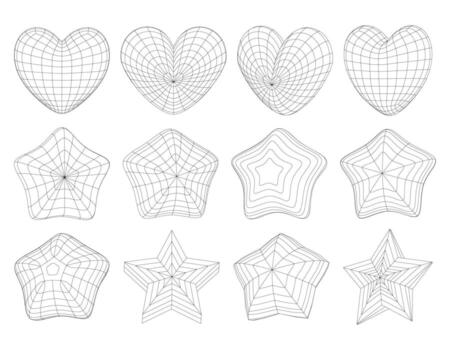 conjunto de estructura metálica corazones y estrellas. 3d tecnología red. 3d malla. diferente lineal gráfico diseño elementos en un blanco antecedentes. vector