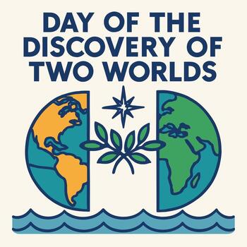 Day of the Discovery of Two Worlds Depicted with Split Globe, Ocean Waves vector