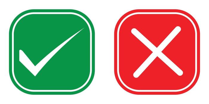 Check mark and cross mark icon. Yes and No or Approved and Declined or Right and Wrong square icons symbol. Green tick and red cross icon isolated on white background. Simple image. vector