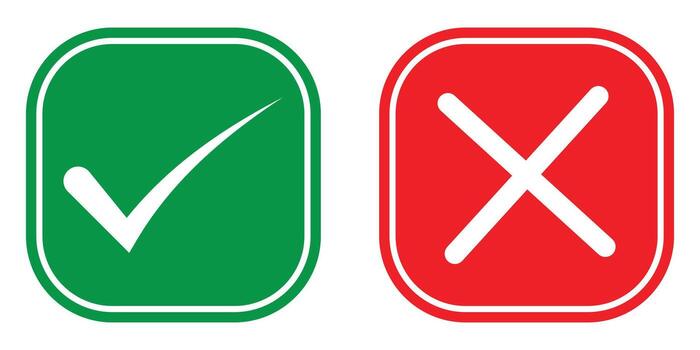Check mark and cross mark icon. Yes and No or Approved and Declined or Right and Wrong square icons symbol. Green tick and red cross icon isolated on white background. Simple illustration. vector