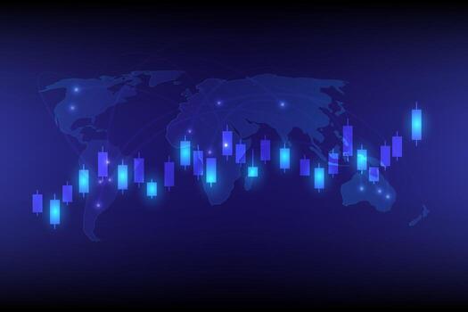 Abstract illustration of financial candlestick chart with world map background symbolizing global markets vector
