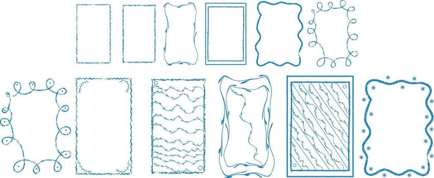 colección de azul decorativo marcos en varios estilos con artístico texturizado bordes en transparente antecedentes vector