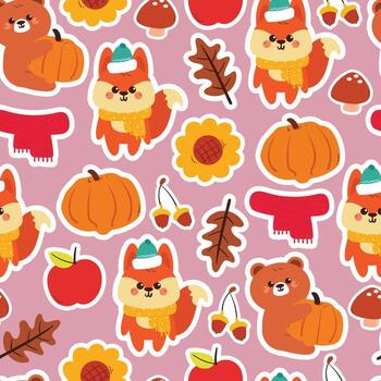 sin costura modelo linda dibujos animados zorro y oso con otoño caídas elemento dibujo para antecedentes y fondo de pantalla vector