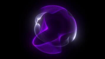 luminosa raggiante rotante particella 3d sfera nel il universo. astratto tecnologia, scienza, ingegneria e artificiale intelligenza sfondo. animato onda energia globo. viola e blu. 4k ciclo continuo video