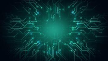 circuito tavola processore processore con splendente elettroni, artificiale intelligenza microchip. verde informatica sfondo. scheda madre grafica patata fritta nero. turchese energia bg. senza soluzione di continuità ciclo continuo 4k 60 fps video