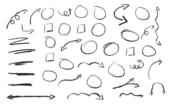 Arrow line pencil and brush mark drawn by hand with crayon and chalk. Marker sketch stroke texture. Doodle circle and curve shape element in kid design. Scribble underline and rough icon background. vector