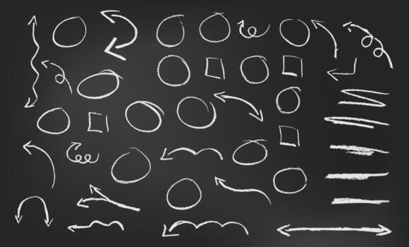 Chalk arrow, pencil line and hand drawn brush sketch with doodle scribble on blackboard. Crayon stroke for rough highlight element. Grunge underline circle set on chalkboard. Scratch and squiggle. vector
