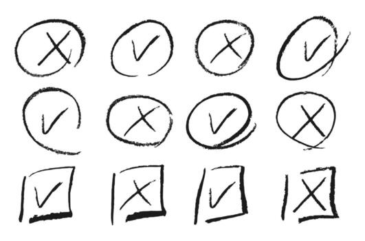 Black pencil check and cross mark hand drawn. Brush tick for doodle list in . Grunge correct and wrong scribble with checkbox . Chalk vote symbol with square and circle emphasis illustration. vector