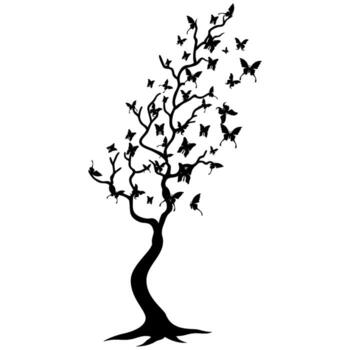 Silhouette of a stylized tree with numerous fluttering butterflies in its branches, symbolizing nature and transformation vector