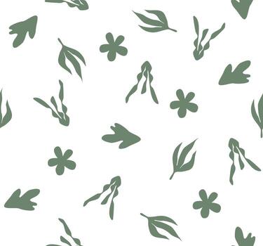 sin costura modelo con hojas y flores en un sólido, apagado verde color en un blanco antecedentes. vector