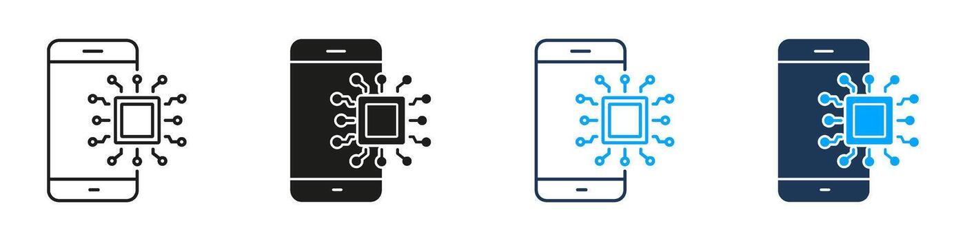 Smartphone With Microchip Mobile Technology Line and Solid Icon Set. Digital Innovation Device Upgrade Symbol Collection. Isolated Illustration vector