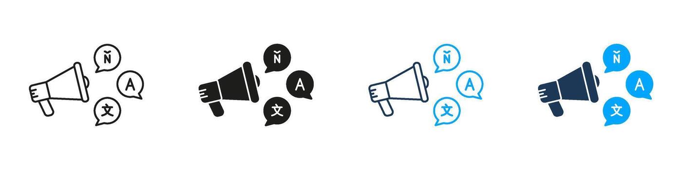 Language Announcement Line And Solid Icon Set. Megaphone And Multilingual Speech Bubble For Global Messaging, Public Communication, And Translation Alerts. Isolated Illustration vector