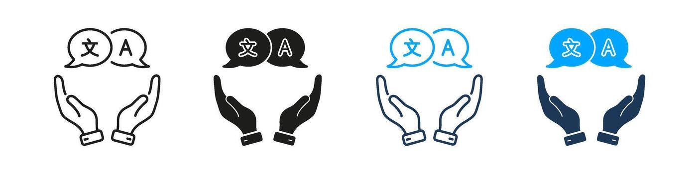 Hands Holding Speech Bubbles With Language Symbols Line And Solid Icon Set. Translation, Multilingual Communication, And Language Services Symbol Collection. Isolated Illustration vector