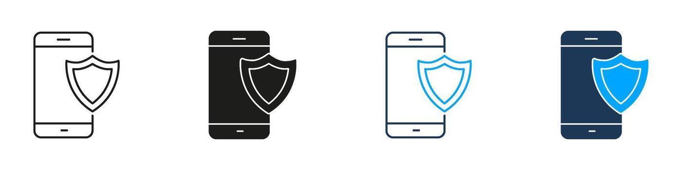 Smartphone With Shield Line And Solid Icon Set. Mobile Security, Data Protection, And Privacy Assurance Symbol Collection. Cybersecurity And Safe Browsing. Isolated Illustration vector