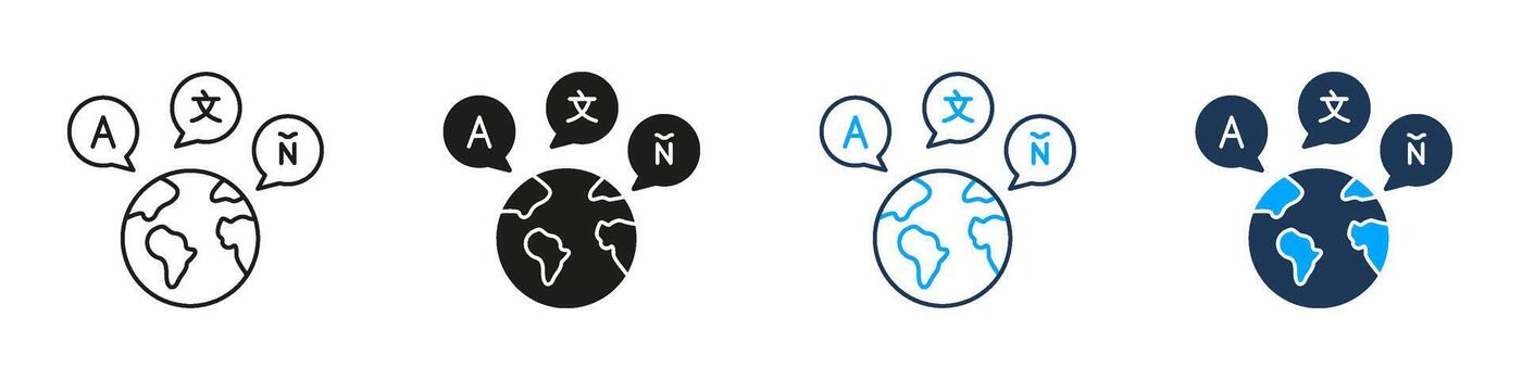 Global Language Communication Line And Solid Icon Set. Planet Earth And Speech Bubble For Multilingual Dialogues, Cultural Exchange, And International Messaging. Isolated Illustration vector