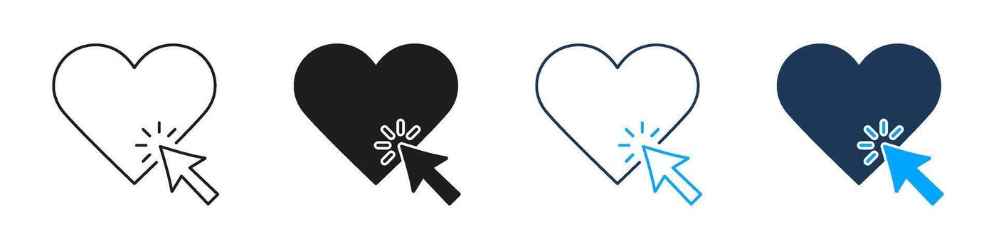 corazón con cursor hacer clic línea y sólido icono colocar. en línea interacción, digital compromiso, y social medios de comunicación me gusta símbolo recopilación. usuario experiencia y conectividad. aislado ilustración vector