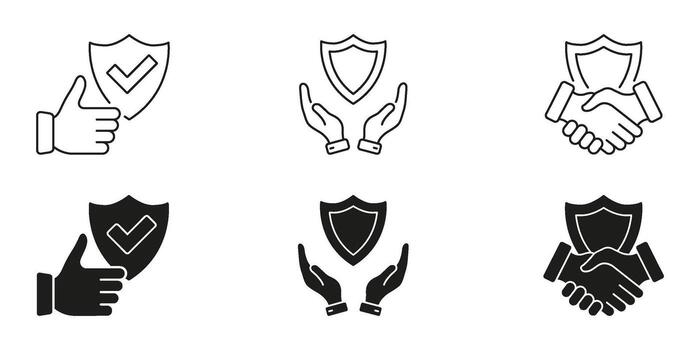 Hand Gestures With Shield Line And Solid Icon Set. Security, Trust, And Protection Symbol Collection. Business Assurance And Safety Representation. Isolated Illustration vector