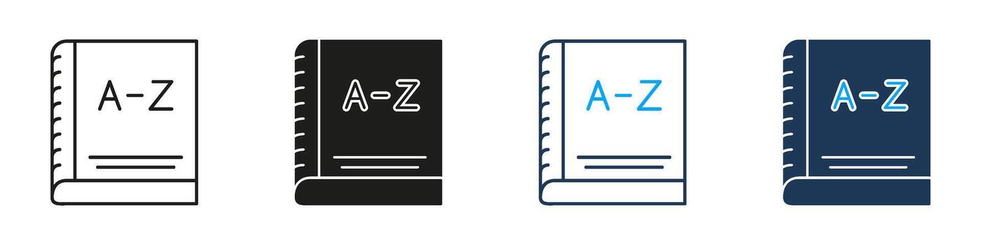 A-Z Book Line And Solid Icon Set. Alphabetical Reference, Dictionary, And Index Guide Symbol Collection. Educational And Organizational Tool. Isolated Illustration vector