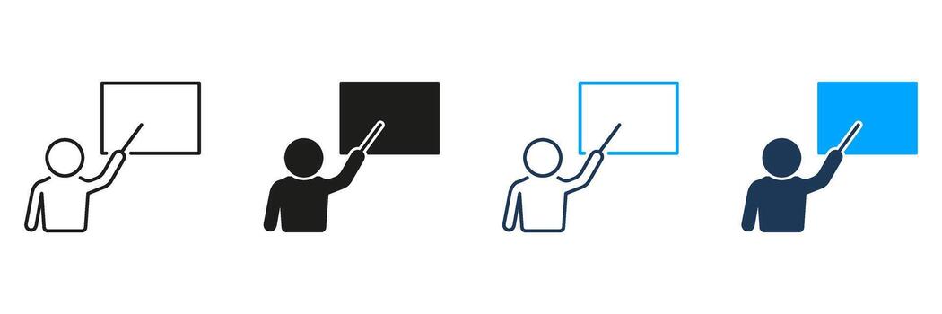 Teacher Pointing At Blackboard Line And Solid Icon Set. Education, Instruction, And Classroom Presentation Symbol Collection. Learning And Teaching Concepts. Isolated Illustration vector
