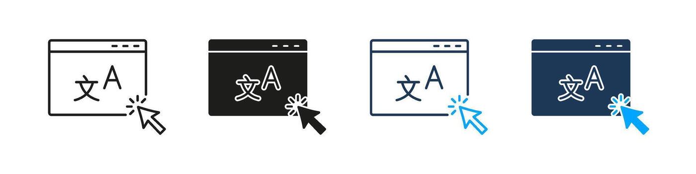 sitio web Traducción hacer clic línea y sólido icono colocar. navegador ventana y cursor puntero símbolo colección para en línea idioma traspuesta, interfaz localización. aislado ilustración vector
