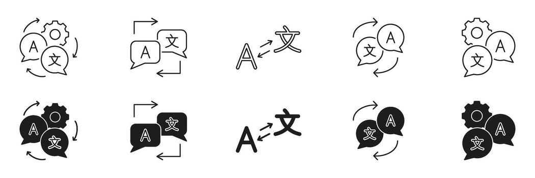 Language Translation And Localization Line And Solid Icon Set. Multilingual Communication And Software Localization Symbol Collection. Speech Bubbles And Arrows. Isolated Illustration vector