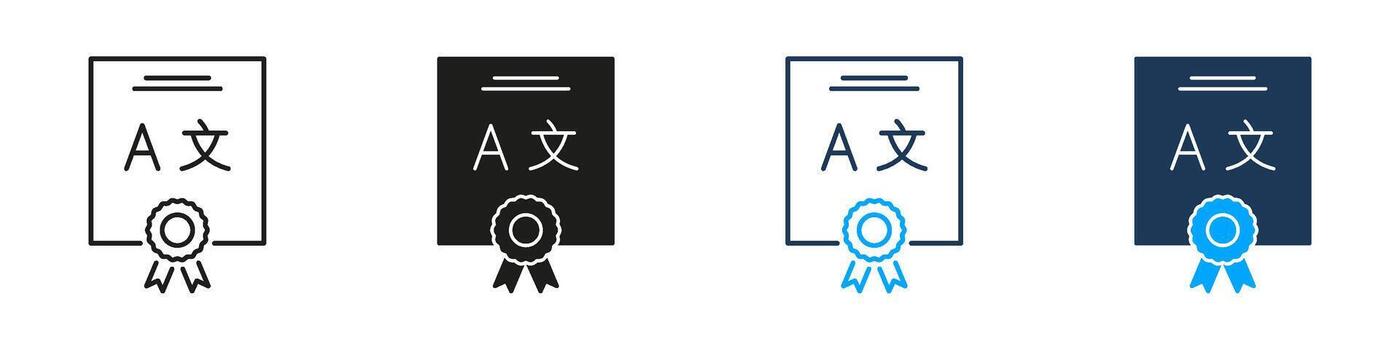 Language Certificate With Ribbon Line And Solid Icon Set. Language Proficiency, Certification, And Achievement Recognition Symbol Collection. Educational Qualification. Isolated Illustration vector