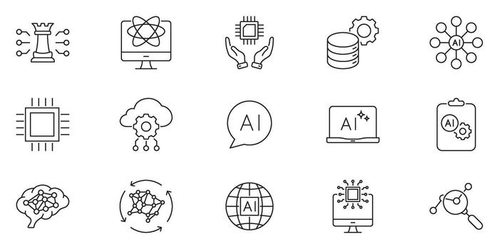 Future Technology and Artificial Intelligence Line Icon Set. Innovation, Data Science and Digital Transformation Outline Symbol Collection. Editable Stroke. Isolated Illustration vector