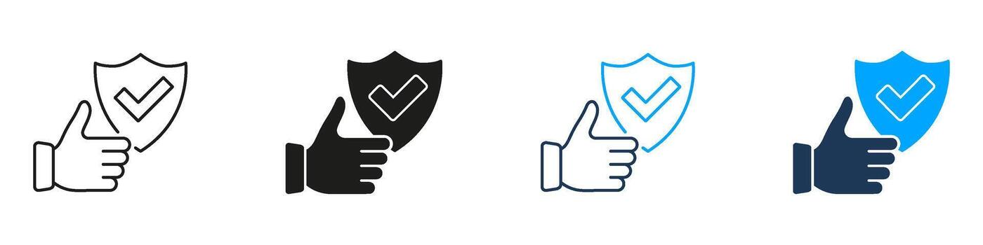 Thumbs Up With Shield And Checkmark Line And Solid Icon Set. Security Approval, Trust, And Quality Assurance Symbol Collection. Positive Feedback And Protection. Isolated Illustration vector
